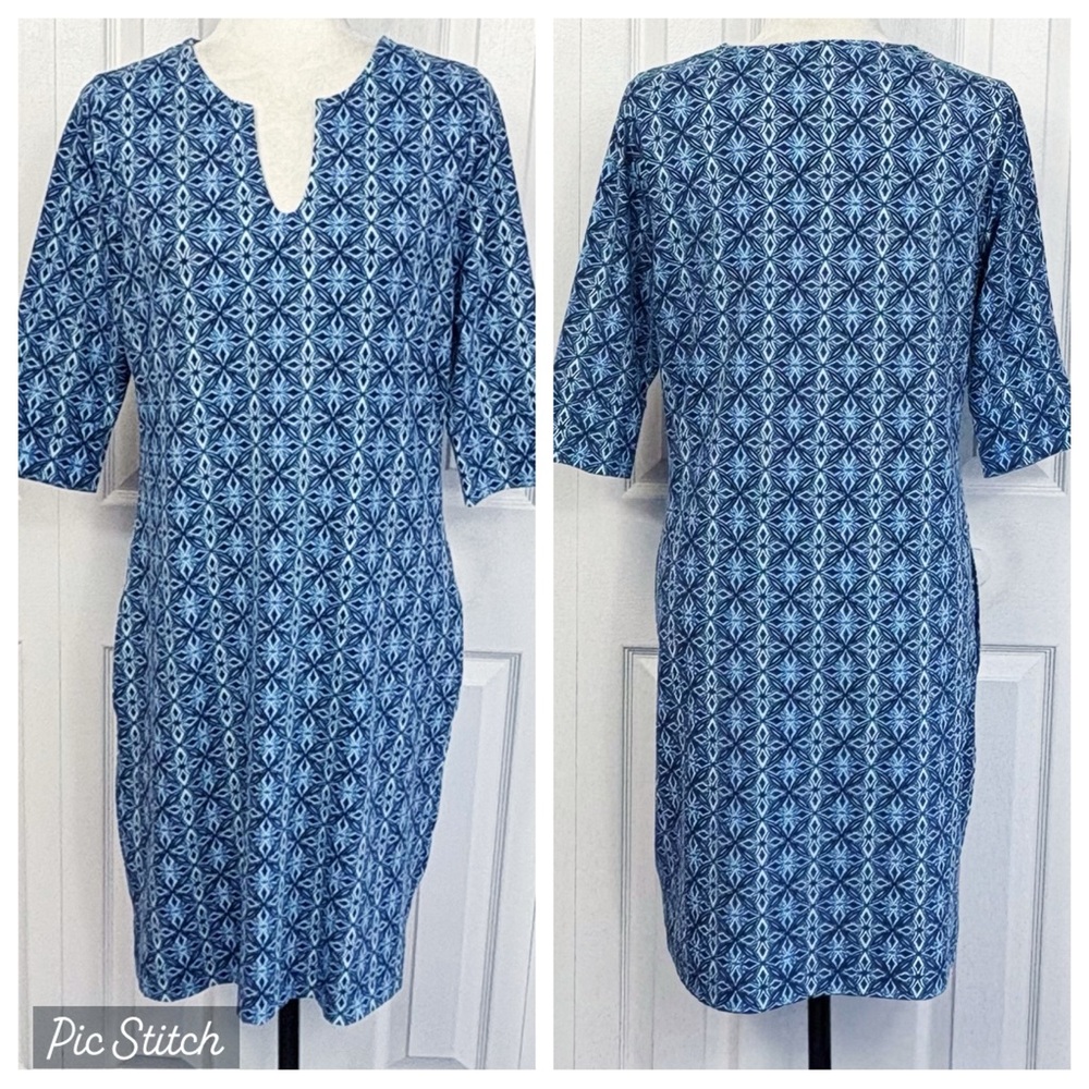Hang Ten Blue Print Stretch Knit Elbow Sleeve Shift Sun Dress Medium